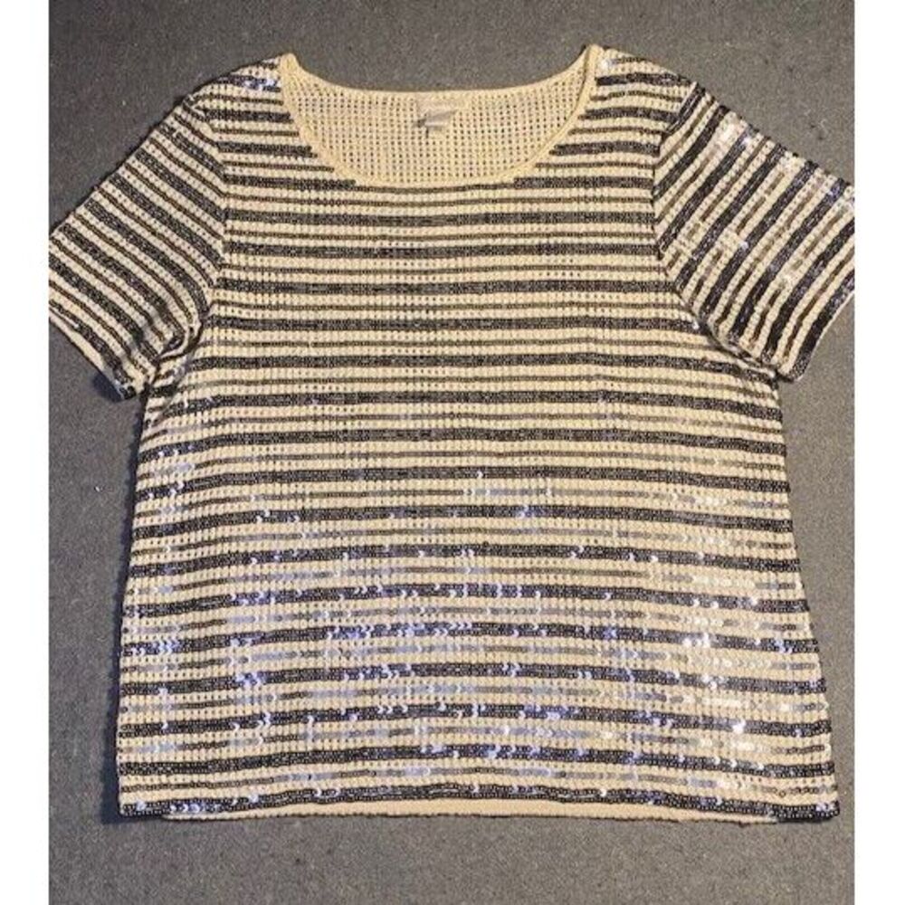 CHICOS Women's SIZE 1 OPEN knit‎ SHORT SLEEVE SEQUIN STRIPE CREAM BLUE